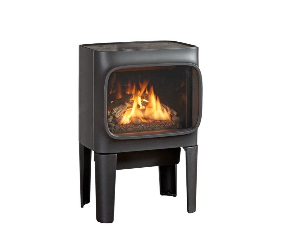 Black, modern freestanding fireplace with flames visible through the curved glass front, raised on short legs.