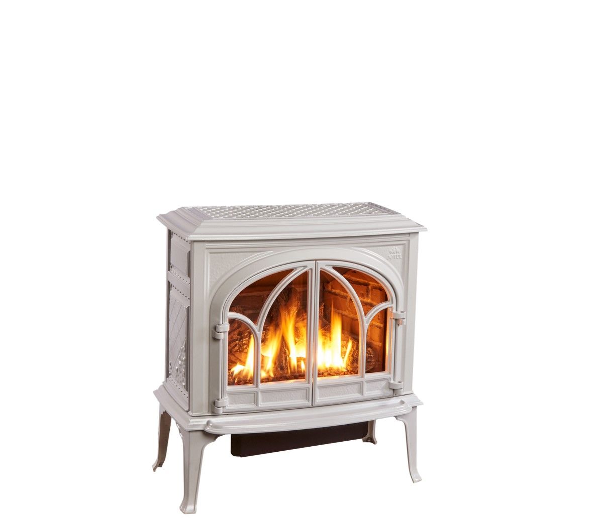 White gas fireplace with arched glass doors and burning flames.