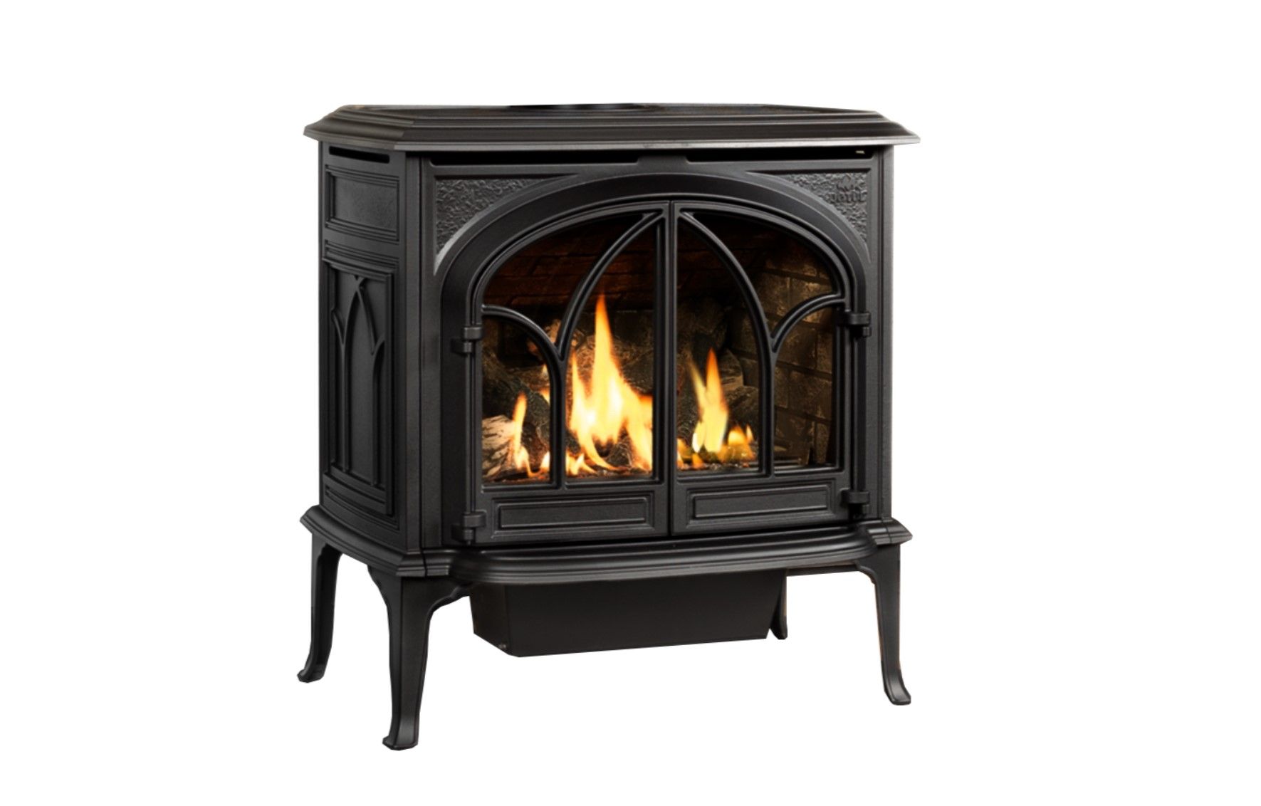 Black gas fireplace with ornate details, emitting bright flames.