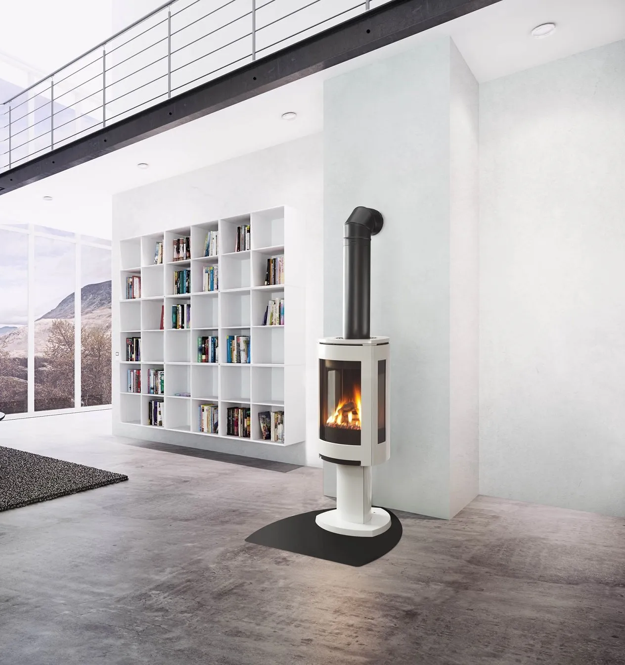 Modern, minimalist living room with a white fireplace, bookshelves, and a floating staircase. Large windows offer a mountain view.