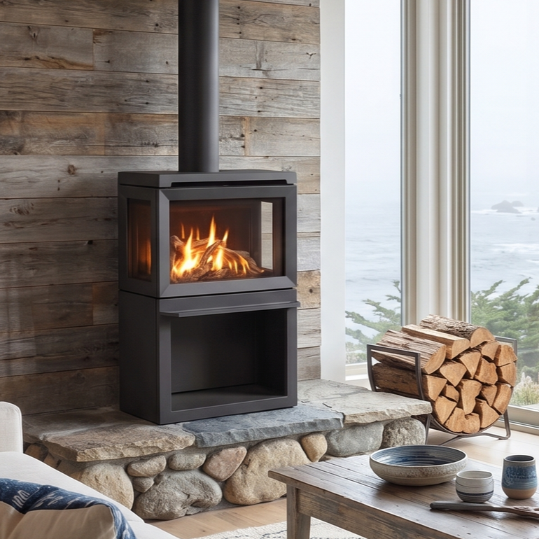 A modern living room with a fireplace, couch, and snowy view outside a large window. The fireplace has a lit flame.