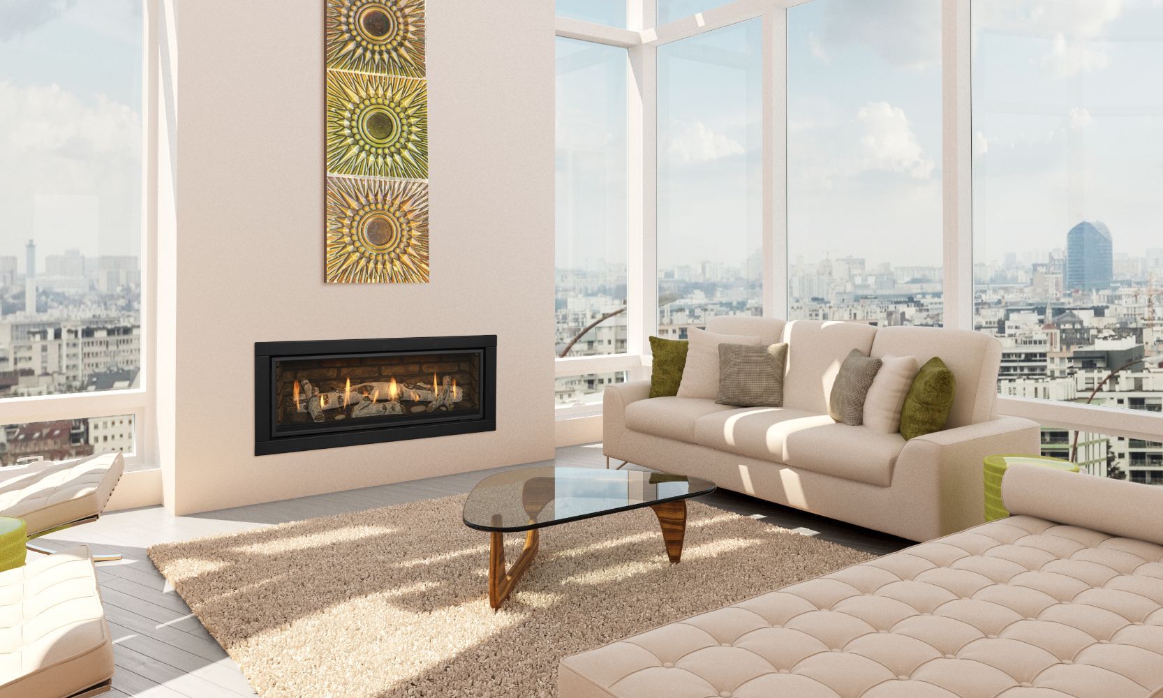 A modern living room with a fireplace, large windows offering a cityscape view, and beige furniture. Three square artworks hang above the fireplace.