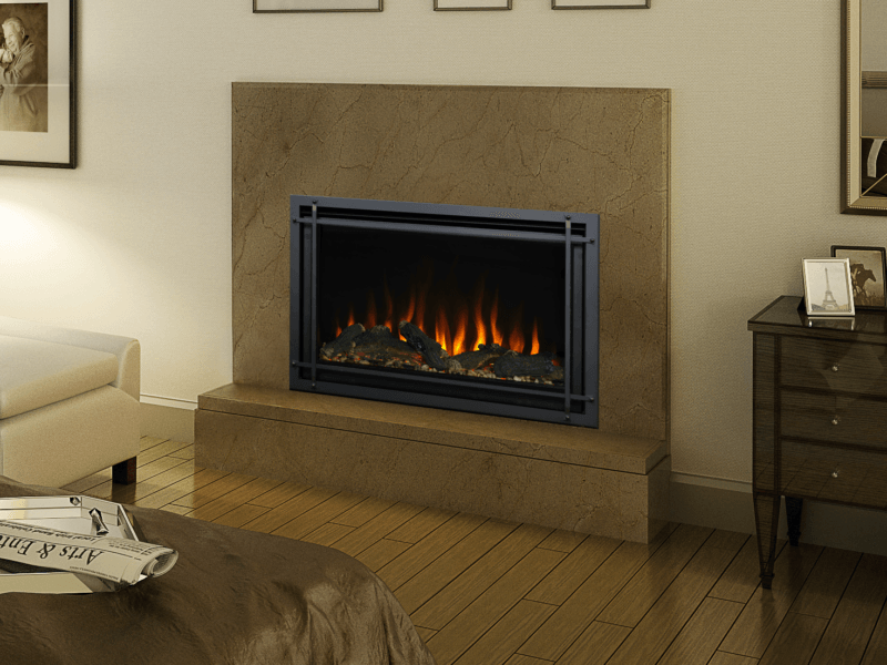 Electric fireplace with faux flames and logs, set into a stone surround. The room has hardwood floors and neutral walls.