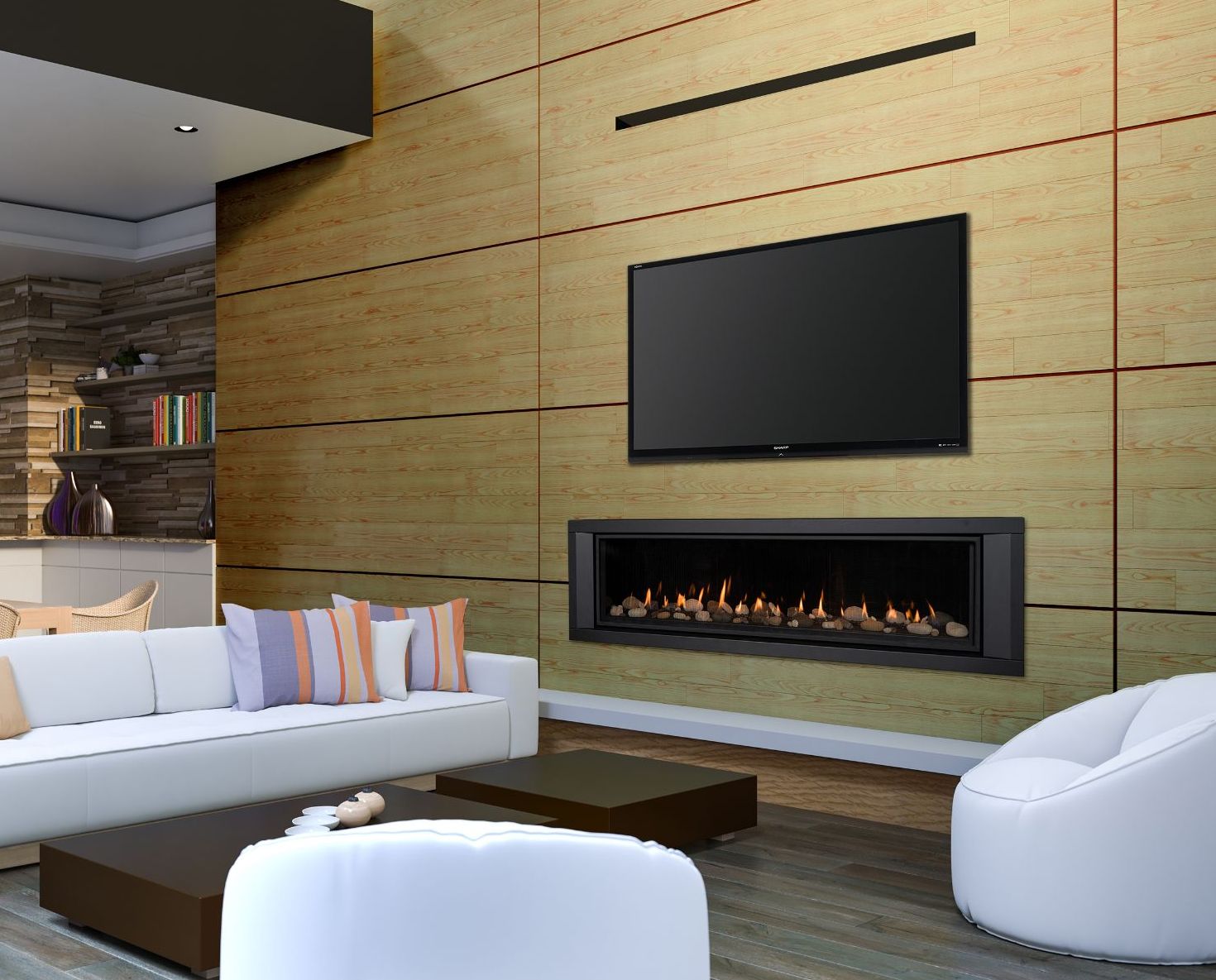 A modern living room with a wall-mounted TV above a fireplace. A white couch and two coffee tables sit in front.