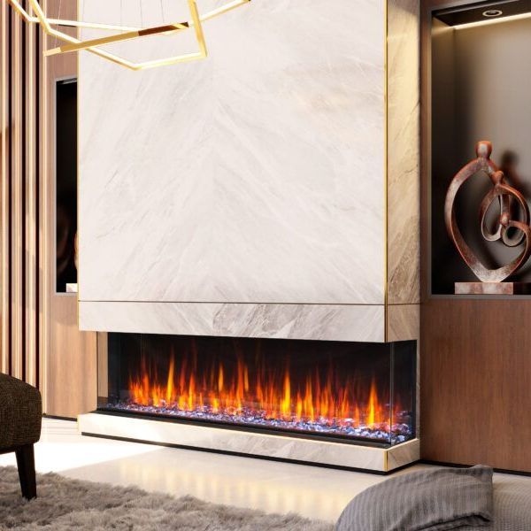 Modern fireplace with marble surround, glowing flames, and built-in shelving.