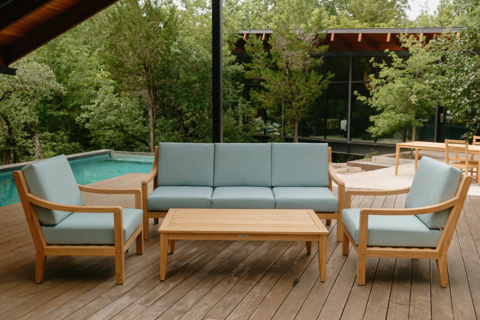 Outmore heated outdoor collection — 100% FSC-certified teak paired with Sunbrella cushions. Outmore heated outdoor collection — 100% FSC-certified teak paired with Sunbrella cushions.