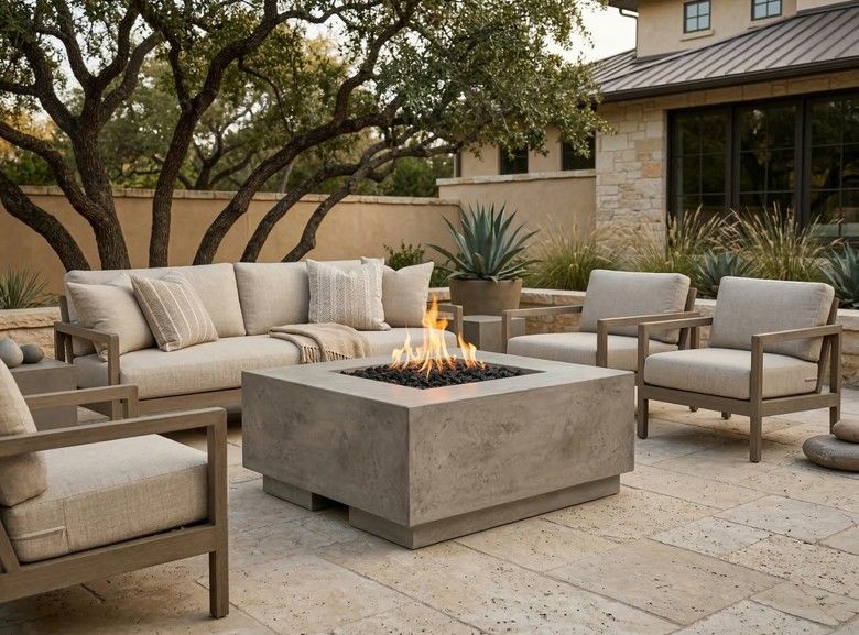 Outdoor seating arrangement with a fire pit table and patio furniture. Gray cushions, flames, and oak trees