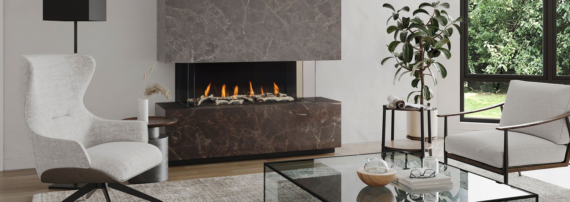 A modern living room featuring a fireplace with burning flames, two armchairs, a glass coffee table, and large windows overlooking greenery.