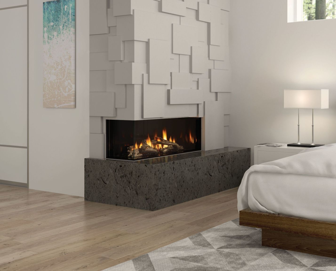 A modern bedroom with a fireplace. The fireplace has flames and is built into a textured, grey wall.
