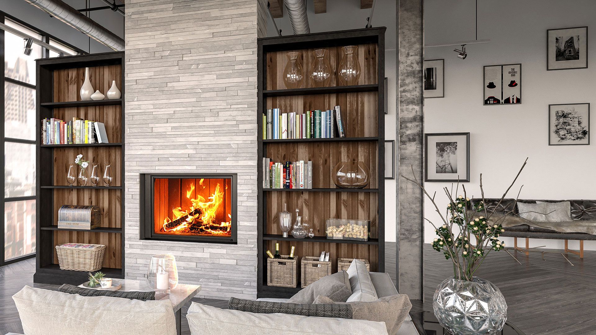 Cozy living room with fireplace flanked by two bookshelves filled with books and decor. Fire burning in the fireplace.