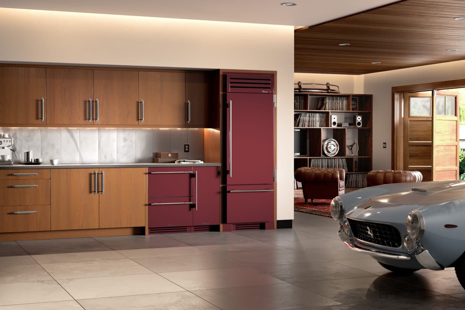 Garage with a vintage light blue car, a kitchen with red appliances and wooden cabinets, and an open door to a library.