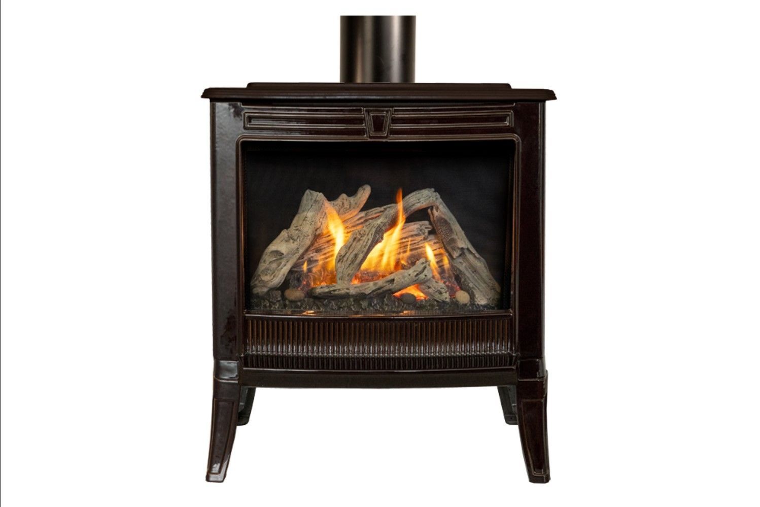 Dark brown gas fireplace with a black chimney, and realistic looking flames.