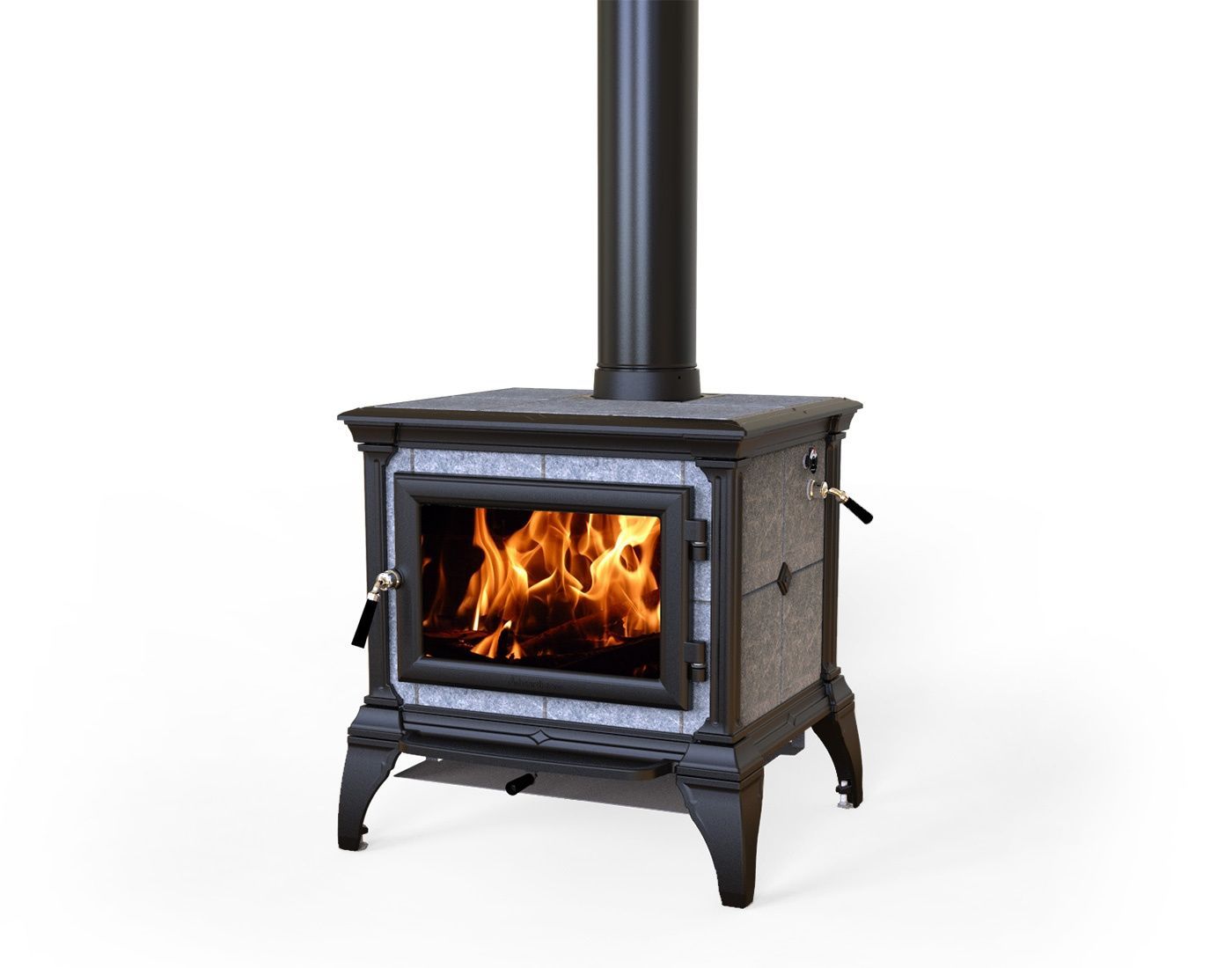 A black wood-burning stove with a roaring fire, a black chimney, and gray side panels.