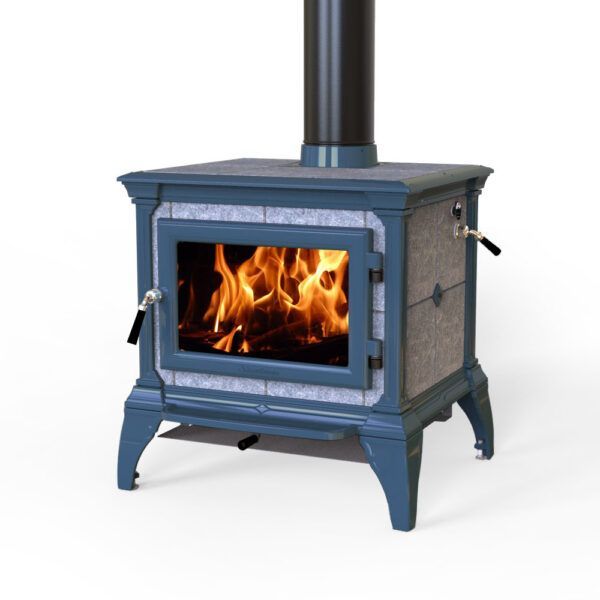 Blue wood-burning stove with a fire visible through the glass door, set against a white background.