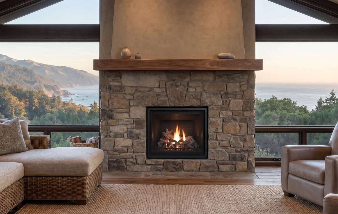 Modern white fireplace with flames visible through glass. A fluffy white rug and dark gray sofa with red throw and pillows are in front of the fireplace. The room is bright and airy.