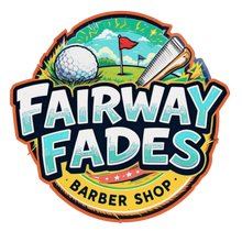 Fairway Fades barber shop logo with golf ball, club, and flag in colorful retro style