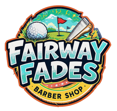 Fairway Fades barber shop logo with golf ball, club, and flag in colorful retro style