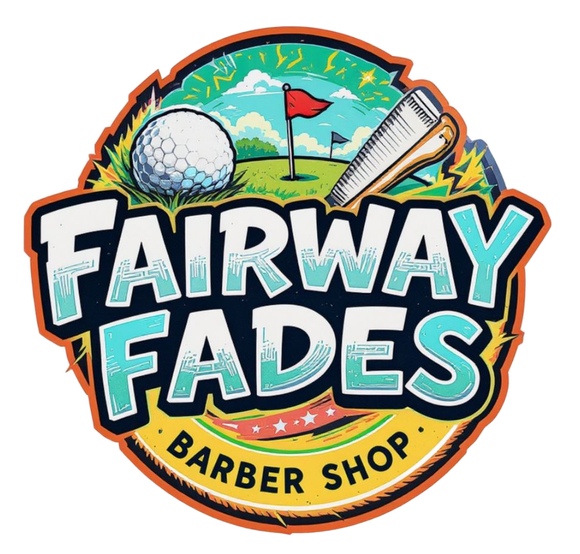 Fairway Fades barber shop logo with golf ball, club, and flag in colorful retro style