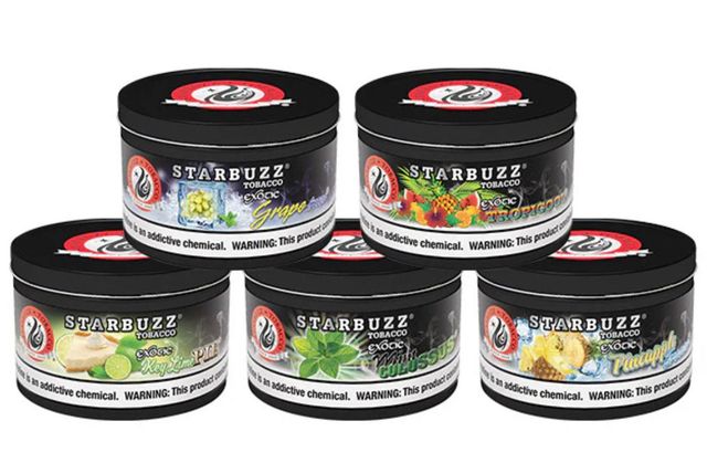 Five cans of starbuzz tobacco are stacked on top of each other on a white background.