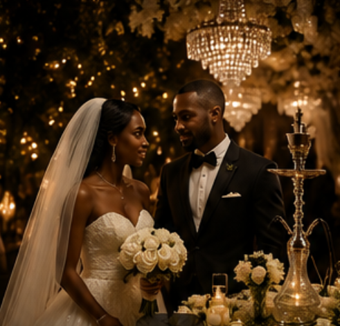 Bride in white veil holding bouquet beside man in dark suit at an outdoor evening wedding reception