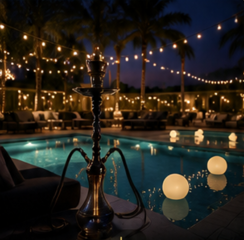 Colorful glass hookahs on a table, glowing blue and green in a dim bar setting