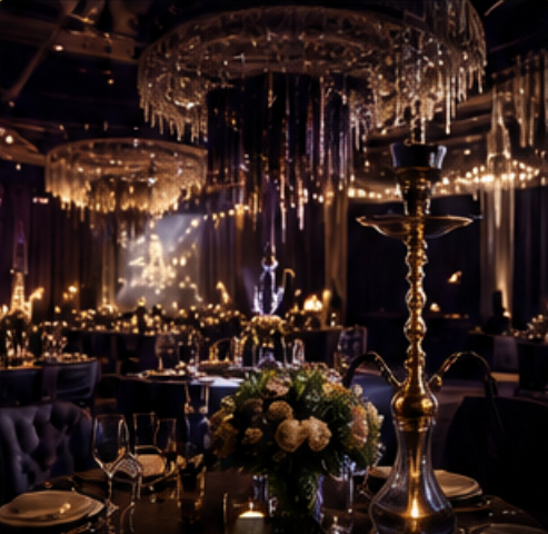Silhouetted hookahs on a table by a large round window overlooking a bright cityscape.