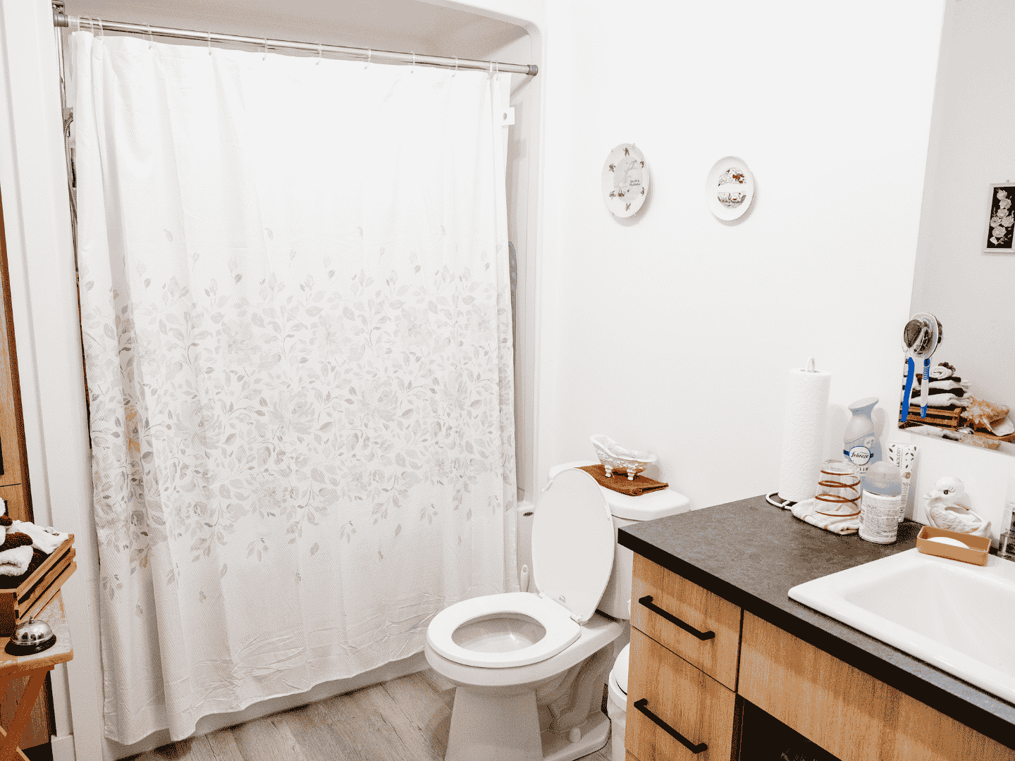 Une salle de bain avec WC, lavabo et rideau de douche.
