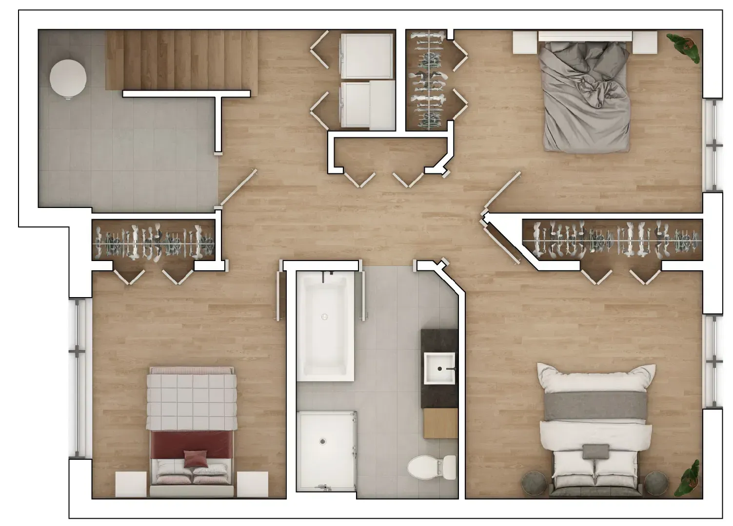 Un plan d'étage d'une maison avec une chambre, une salle de bain et des escaliers.