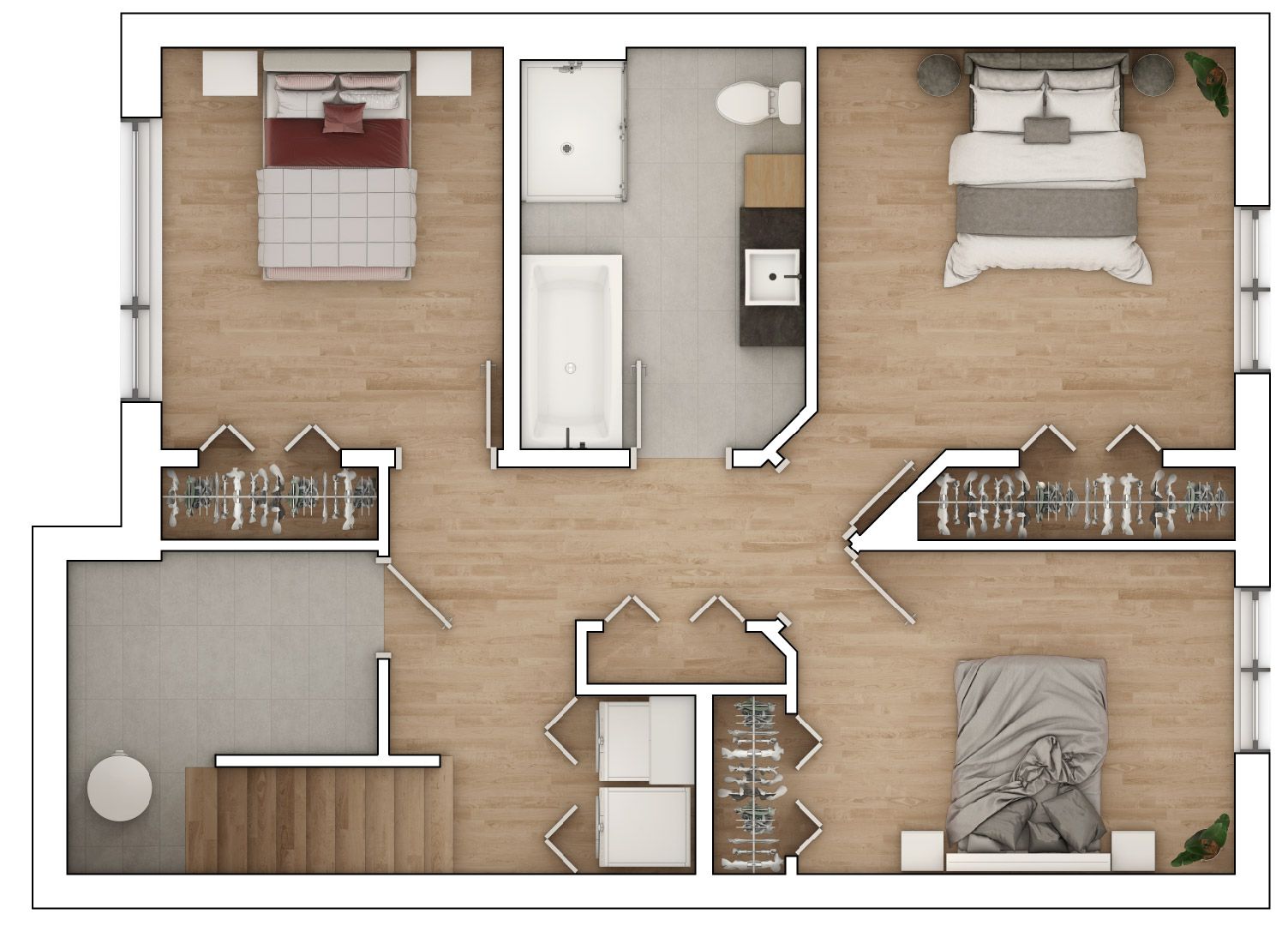 Un plan d'étage d'une maison avec deux chambres et une salle de bain