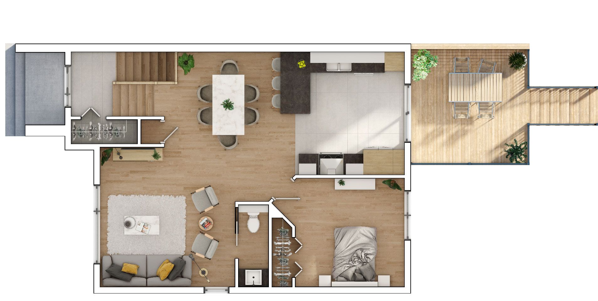 Une vue aérienne d'un plan d'étage d'une maison.