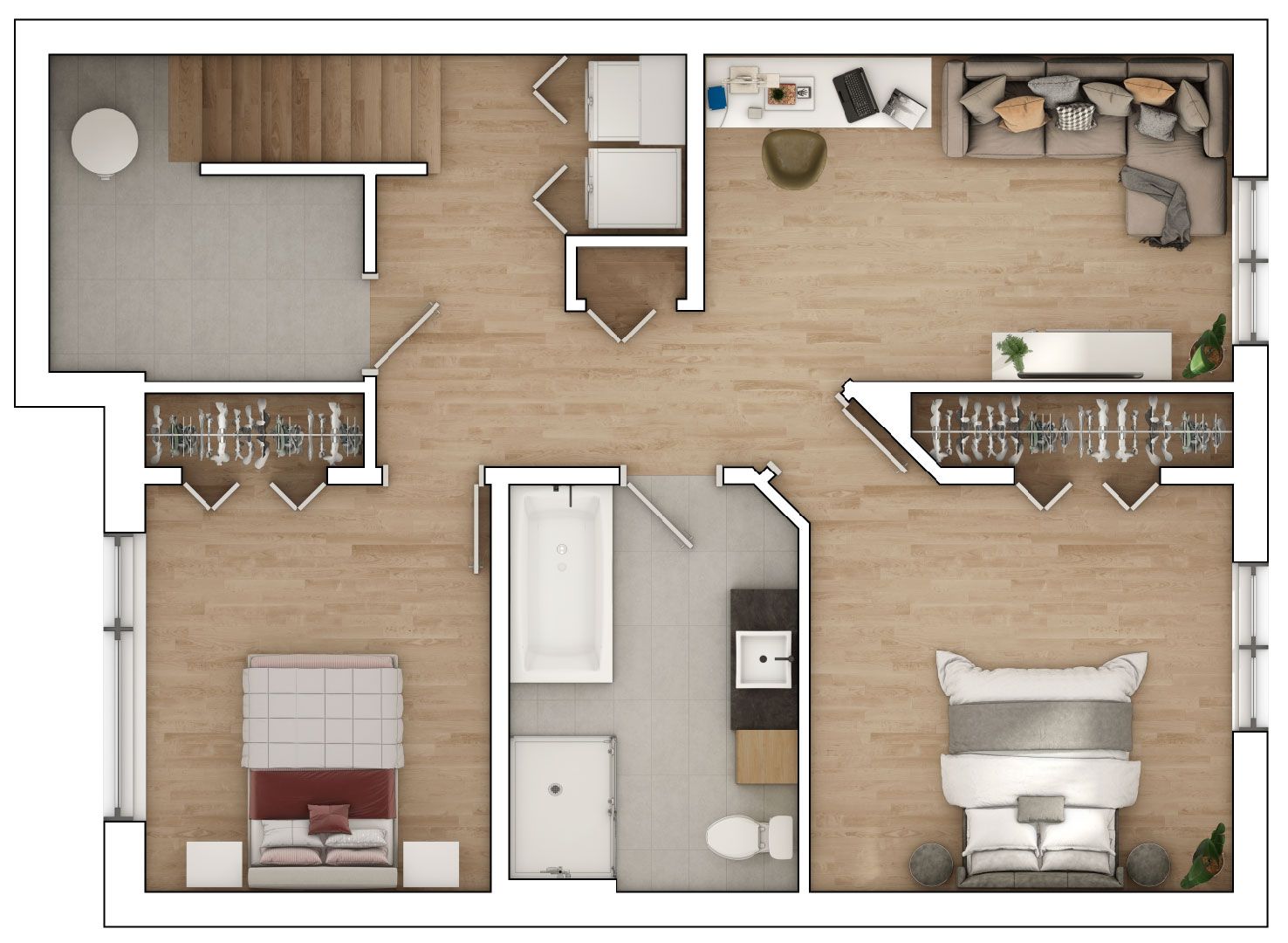 Une vue aérienne du plan d'étage d'une maison