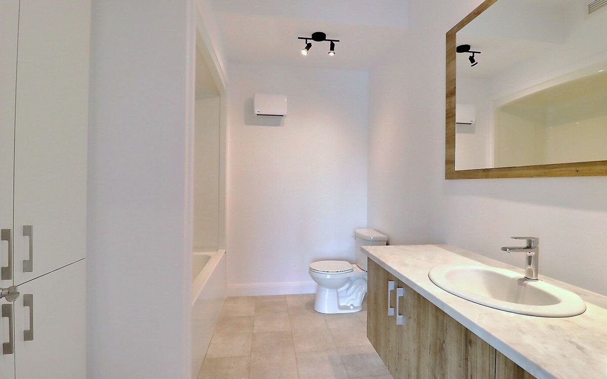 Une salle de bain avec lavabo, WC et miroir.