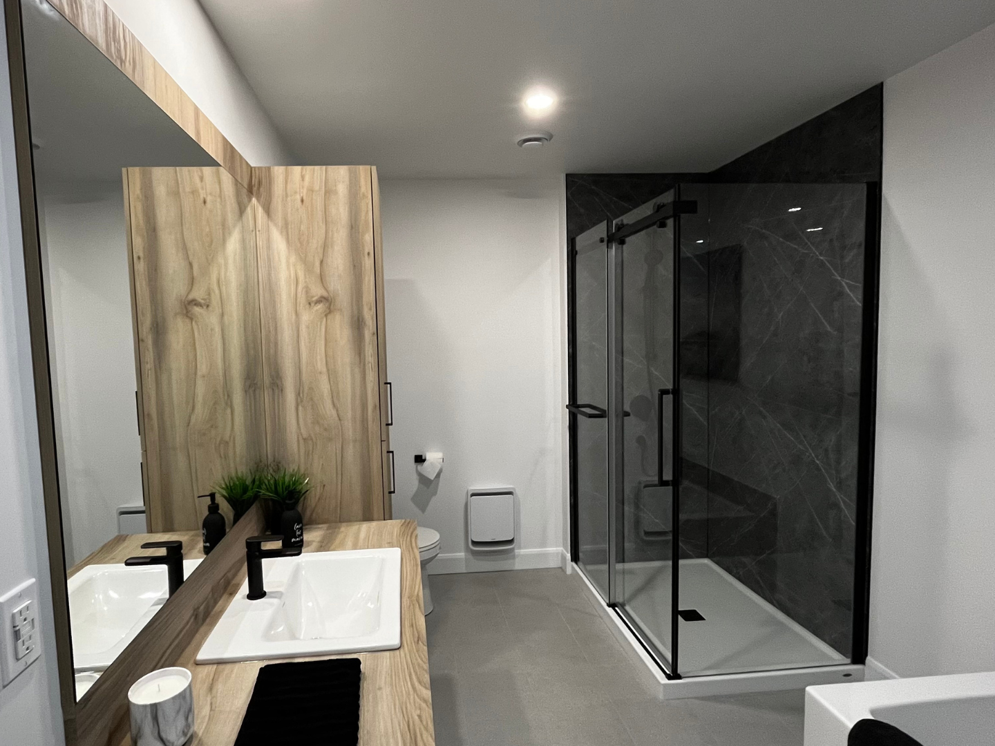 Une salle de bain avec lavabo, WC, douche et miroir.
