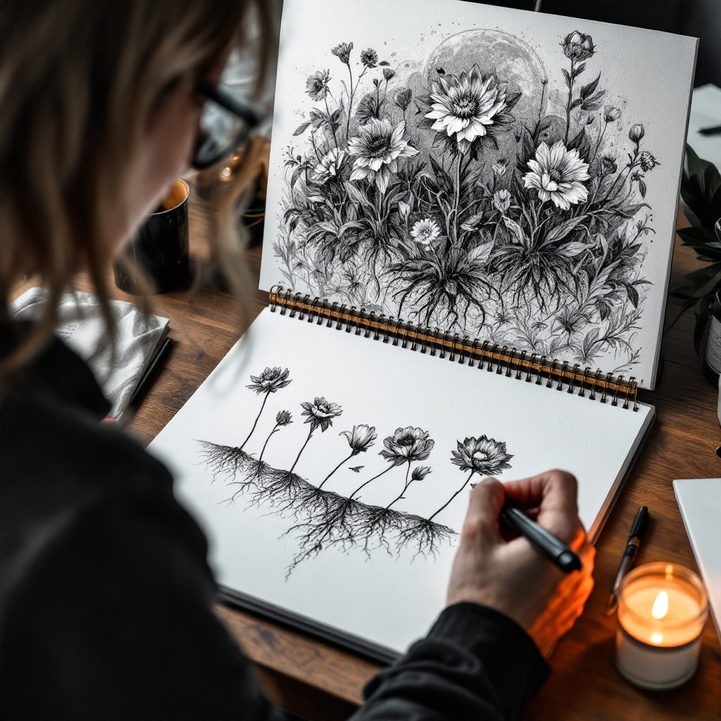 Su from Eldara hand-drawing daisies and wildflowers in the studio—creating intuitive floral artwork with spiritual intention and creative flow.