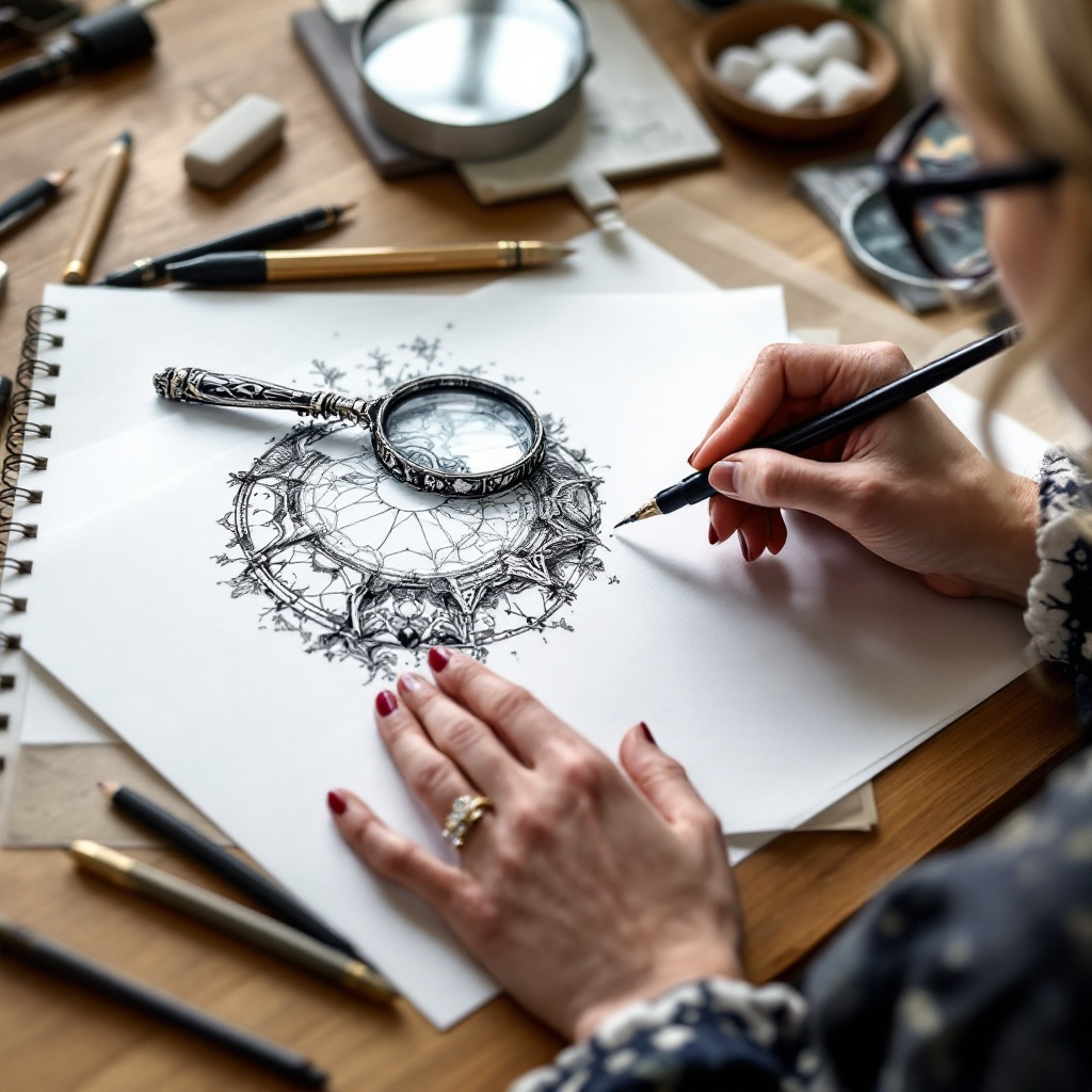 Su from Eldara hand-drawing a detailed magnifying glass illustration—created with intention as part of a spiritual artwork exploring presence and perception.
