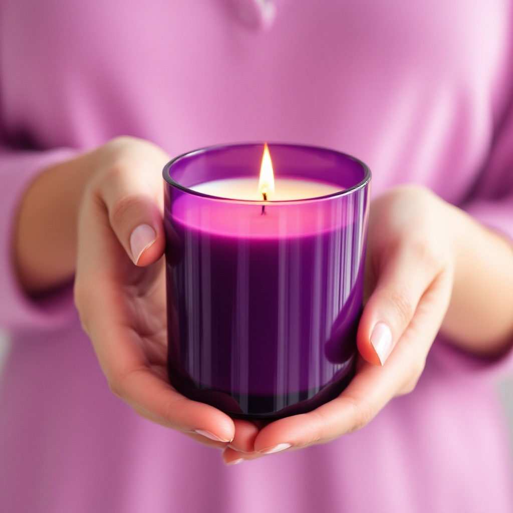 Hands gently holding the Soul Serenity candle by Eldara. Infused with amethyst and sacred oils to bring peace, clarity and mindful presence.