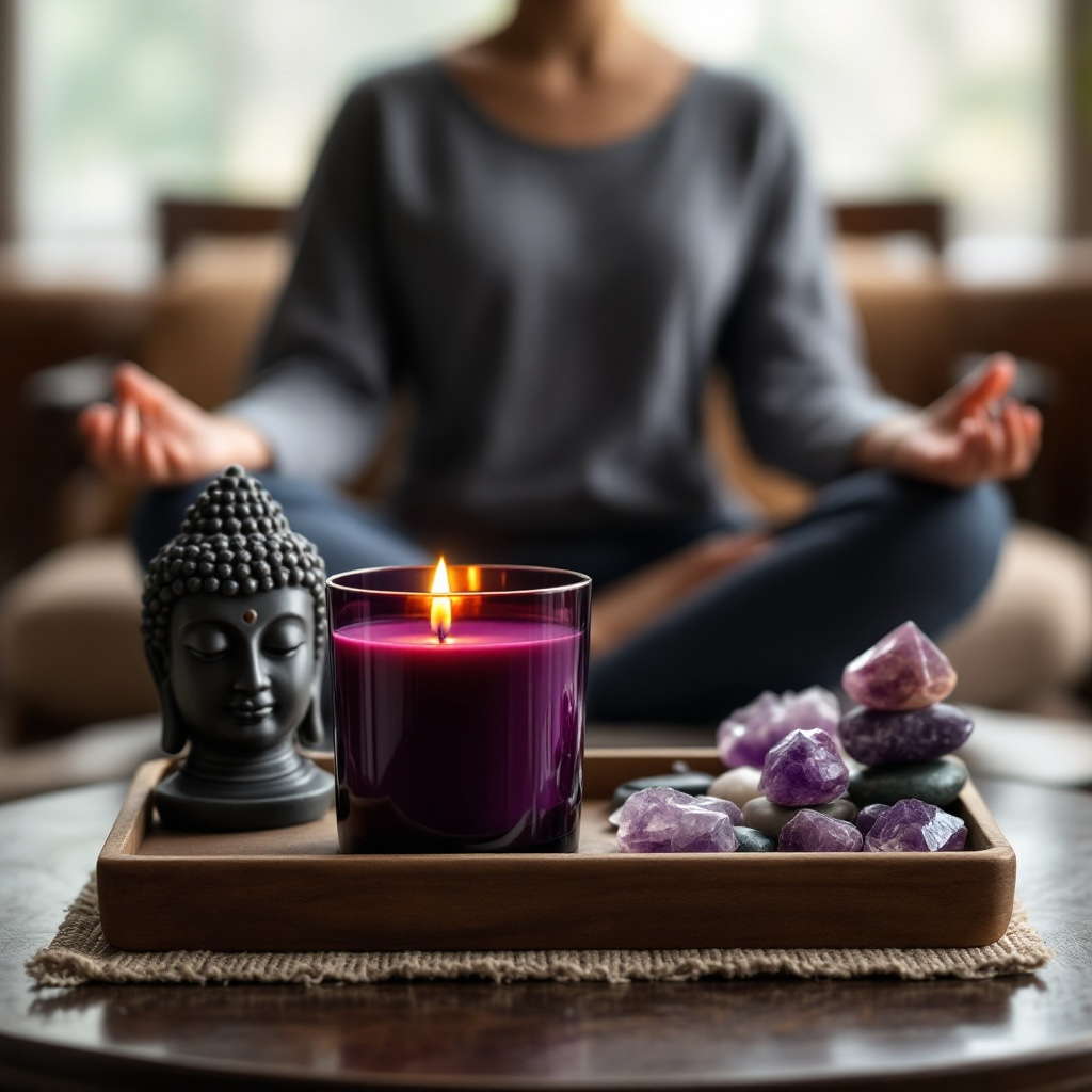 Soul Serenity candle by Eldara glowing beside a woman in meditation. Infused with amethyst and sacred oils to support inner peace, clarity, and spiritual connection.