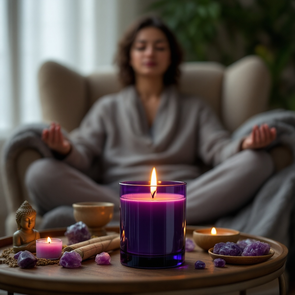 Soul Serenity candle by Eldara glowing beside a meditating woman, with stacked stones and amethyst crystals—supporting stillness, clarity and sacred balance.

