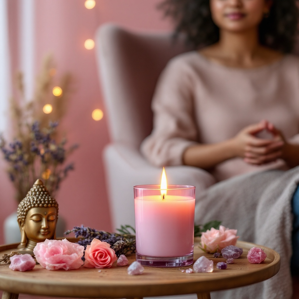 Loving Kindness candle by Eldara beside a Buddha statue on a table. Infused with rose quartz and sacred oils to promote peace, love, and spiritual harmony.
