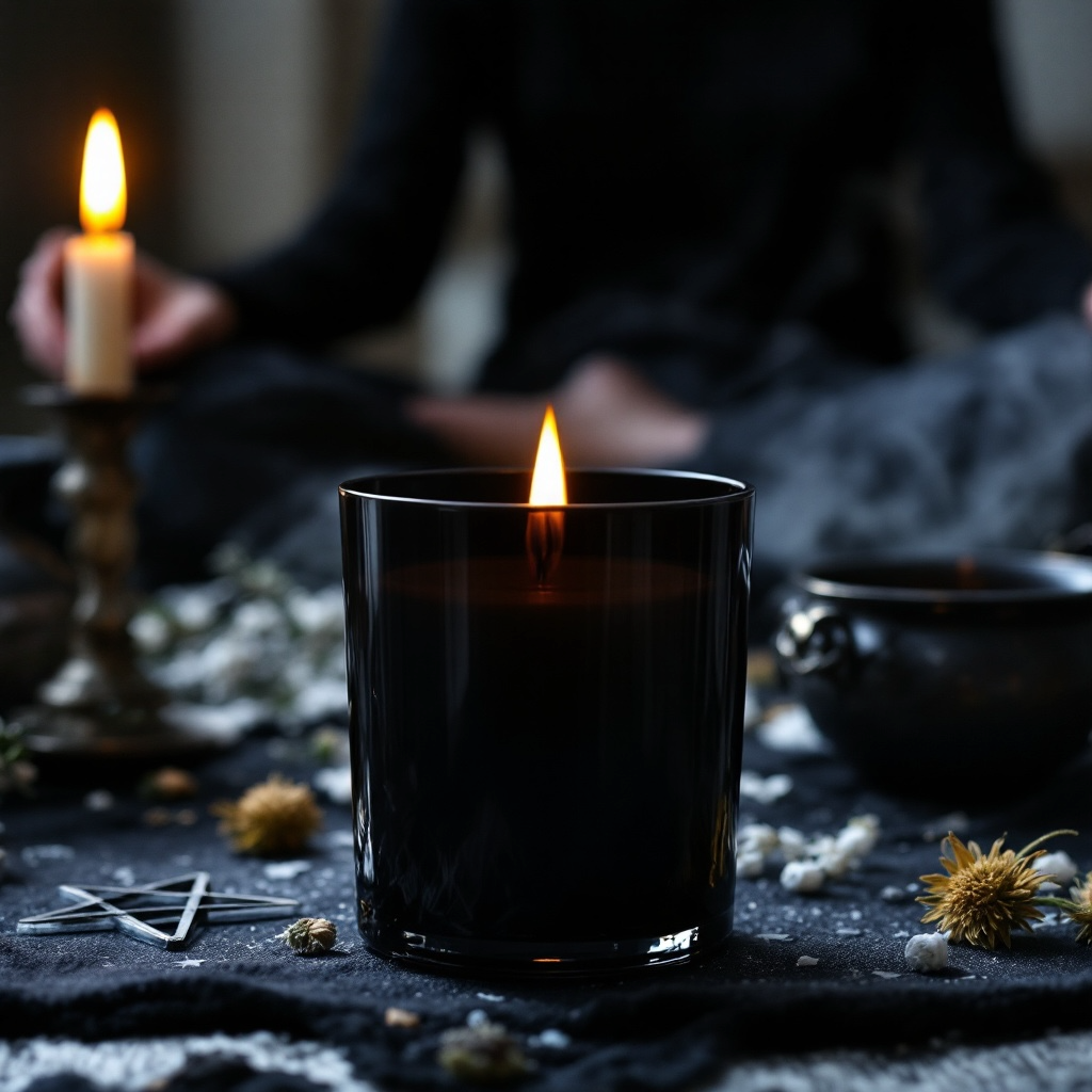 Ethereal Shield candle by Eldara, infused with black tourmaline for protection and grounding. Set against a backdrop of Wiccan symbols and sacred energy.