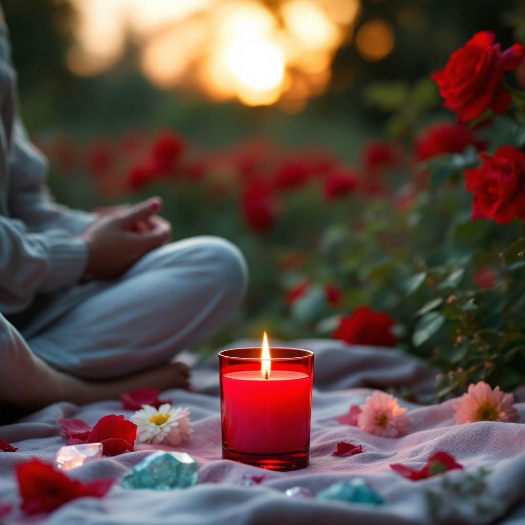 Sacred Desire candle by Eldara burning at sunset beside a woman in meditation. Infused with peach moonstone and rhodonite for passion, healing and feminine energy.
