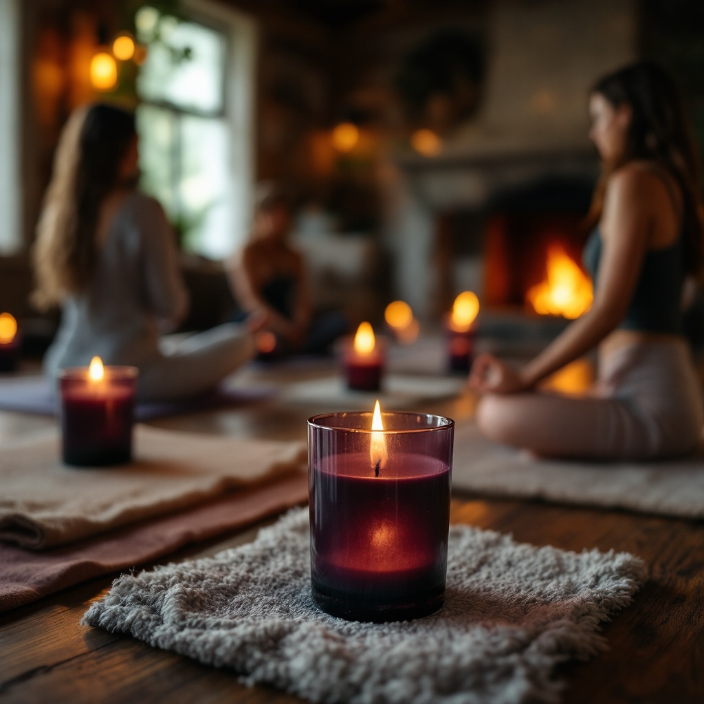 Soul Serenity candle by Eldara glowing gently in the foreground, supporting a group meditation with amethyst and sacred oils for peace and spiritual presence.
