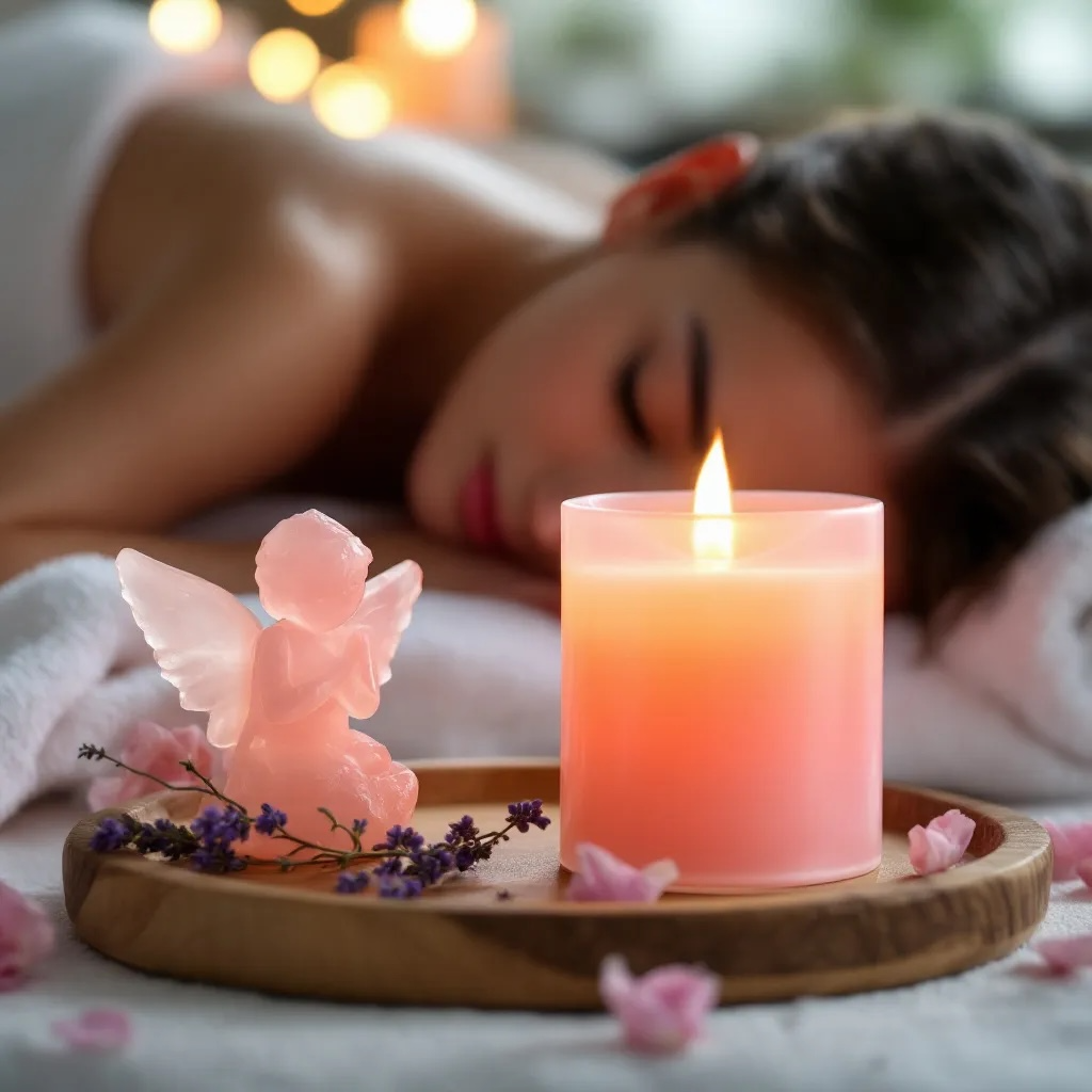 Loving Kindness candle by Eldara, glowing beside a woman receiving a massage. Infused with rose quartz and sacred oils to invite softness, self-love and emotional healing.