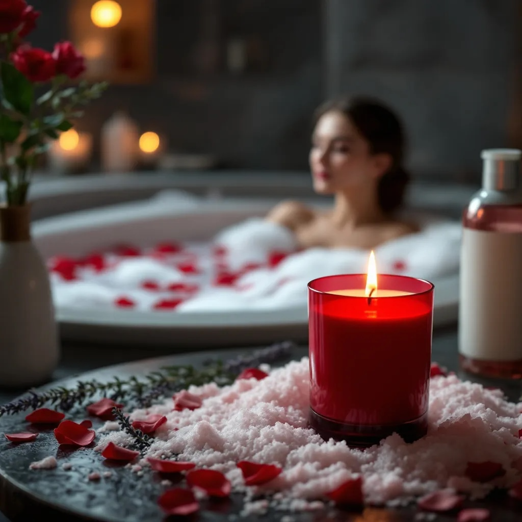 Sacred Desire candle by Eldara glowing beside a woman in a bubble bath. Infused with peach moonstone and rhodonite to evoke sensuality, healing and deep relaxation.