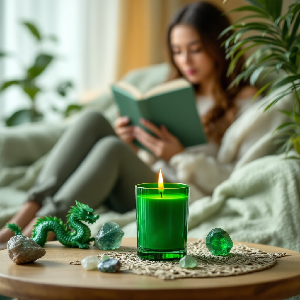 Boundless Abundance candle by Eldara, with green aventurine crystal. Lit beside a woman reading a mindfulness book, with a jade dragon symbolising prosperity and flow.