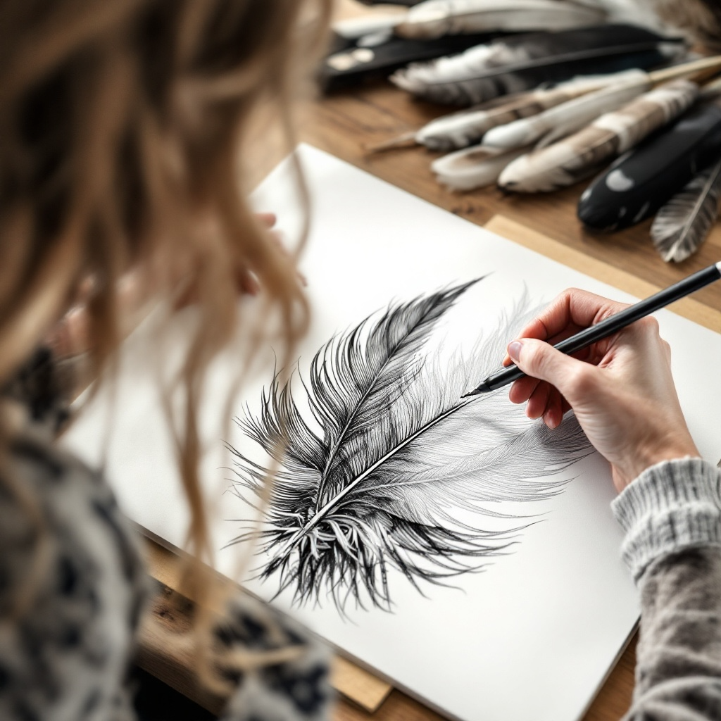 Su from Eldara sketching a feather by hand in the studio—creating intuitive, spiritual artwork symbolising signs, lightness and divine guidance.
