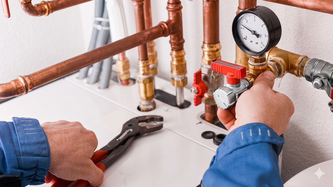 Technician tightening a pipe fitting beside a pressure gauge on an indoor plumbing system