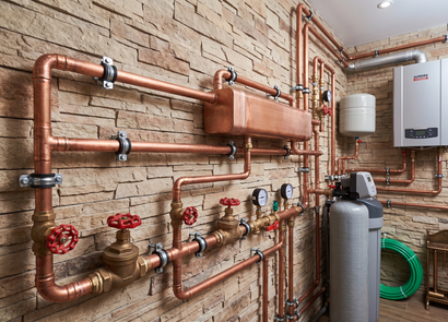 Copper pipes and valves on a brick wall in a utility room, with a water tank and boiler.