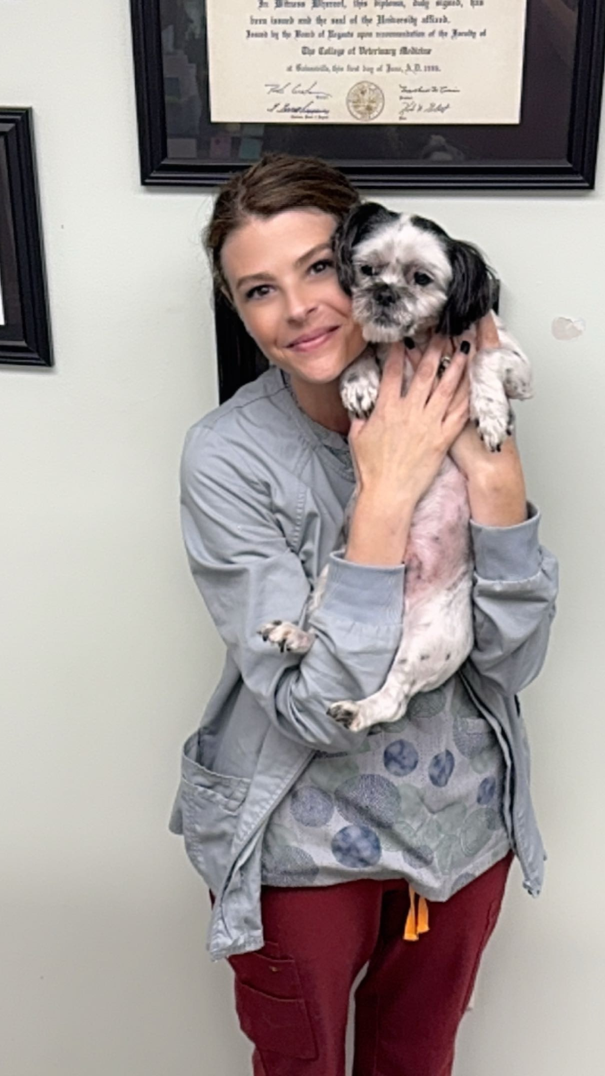 A woman is holding a small dog in her arms.