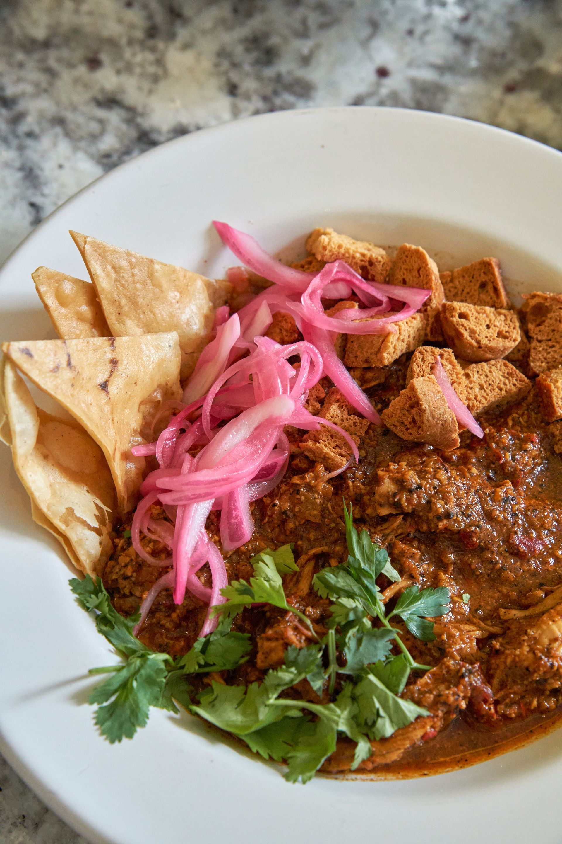 Carne troceada en salsa roja con chips de pita, cebollas encurtidas rosadas y cilantro en un plato blanco.